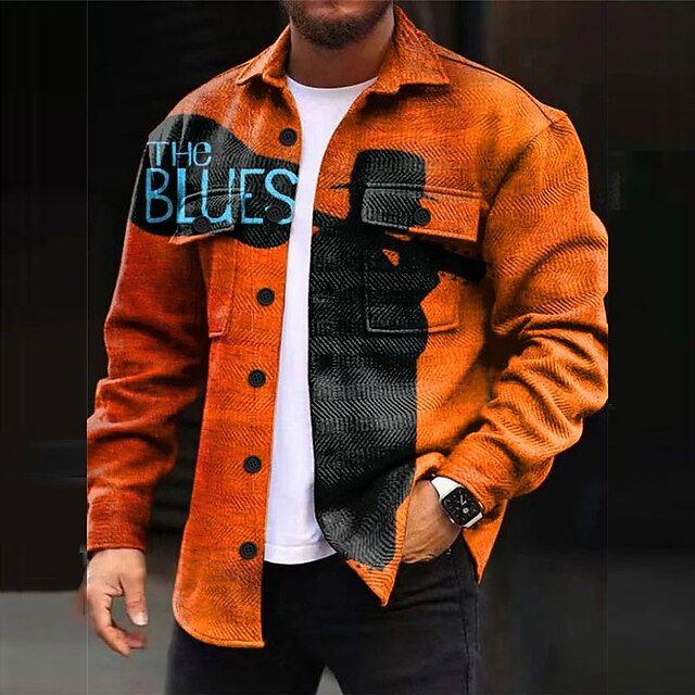 Men's Letter Portrait Shirt Shirt Jacket Overshirt Long Sleeve Vintage Abstract Outdoor Street Casual Daily Fall & Winter Turndown Buttons Pocket Print Orange2