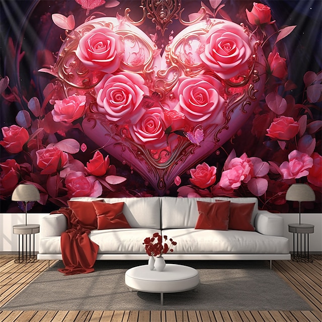  Saint-Valentin roses coeur suspendu tapisserie mur art grande tapisserie décor mural photographie toile de fond couverture rideau maison chambre salon décoration