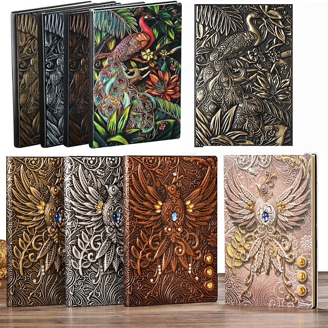  8 Types Embossed Leather Journal Diary Business Notebook  Agenda Antique Handmade Relief Notebook Phoenix Immortal Bird Travel Notebook Agenda Book Gift for Friends Size A5 (8.4x5x0.7 Inches)
