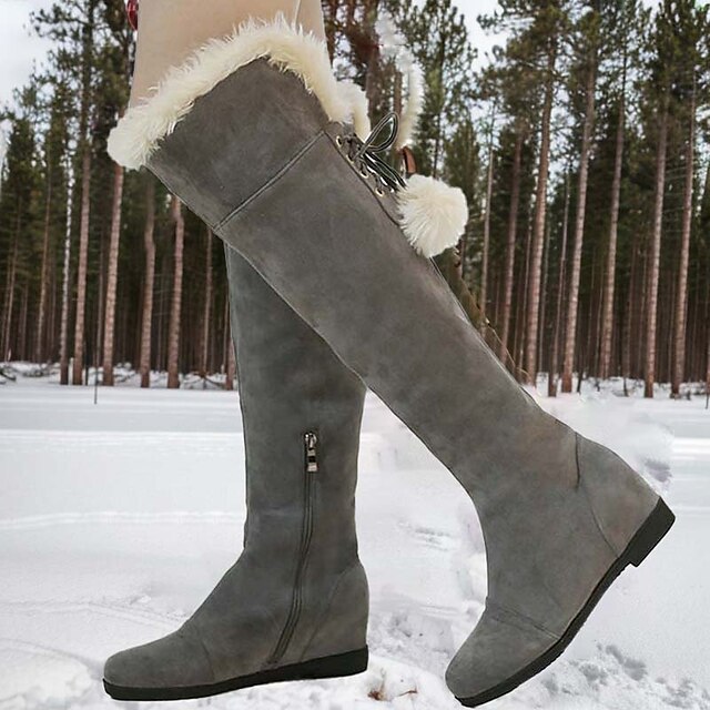 Women's Gray Over-the-Knee Winter Boots with Faux Fur Trim and Wedge ...