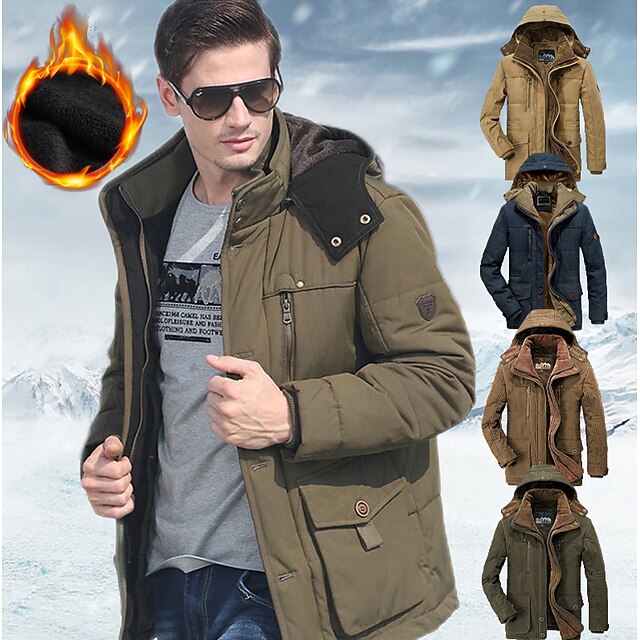 Men's Winter Fleece Jacket Military Tactical Jackets Thicken Warm Jackets Detachable Hooded Windbreaker Sports Trench Coats Top Parka Plus Size Fleece Lining Multi Pockets Casual Outerwear Brown 19