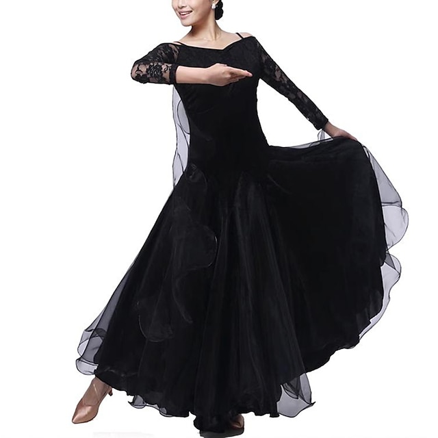 Ballroom Dance Dress Lace Pure Color Splicing Women's Performance Party ...