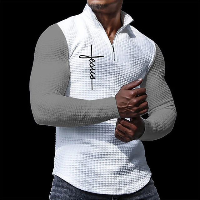 Men's Waffle Polo Shirts Zip Polo Golf Polos Shirts Long Sleeve Polo Shirts Zip Casual Casual Daily 3D Print Fall & Winter Black White Dark Gray 5