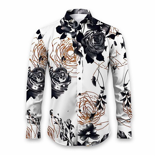 Men's Floral Shirt Button Up Shirt Long Sleeve Casual Daily Wear Going out Fall & Winter Turndown Print Button-Down White Khaki Gray4