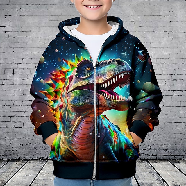  Boys 3D Dinosaur Hoodie Coat Outerwear Long Sleeve 3D Print Fall Winter Fashion Streetwear Cool Polyester Kids 3-12 Years Zip Hooded Outdoor Casual Daily Regular Fit