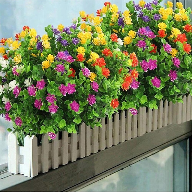  1 pieza de flores artificiales de color aleatorio, plantas falsas para exteriores resistentes a los rayos UV, arbustos verdes de plástico sintético para interiores y exteriores, macetero colgante para