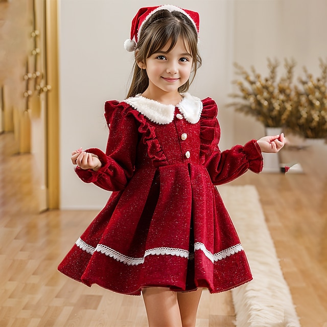  Kids Girls' Dress Solid Color Long Sleeve School Outdoor Casual Adorable Daily Cotton Midi Casual Dress Spring Fall Winter 2-8 Years Pink Red