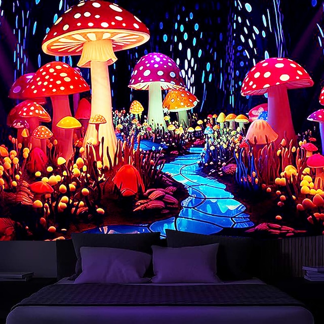 Mushroom Fantasy Blacklight Tapestry UV Reactive Glow in the Dark Glow ...