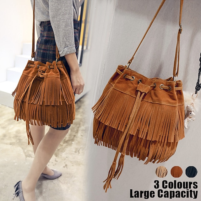  Women's Crossbody Bag Shoulder Bag Bucket Bag Faux Suede Outdoor Daily Holiday Tassel Large Capacity Lightweight Durable Solid Color Black Brown khaki