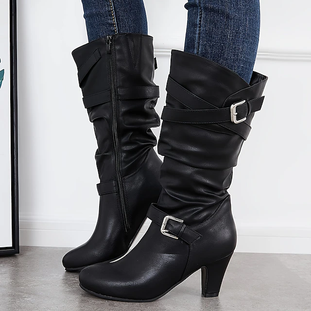 Women's Mid-Calf Slouch Boots with Buckle Straps and Block Heel, Stylish Casual Footwear for Fall and Winter Outfits 6