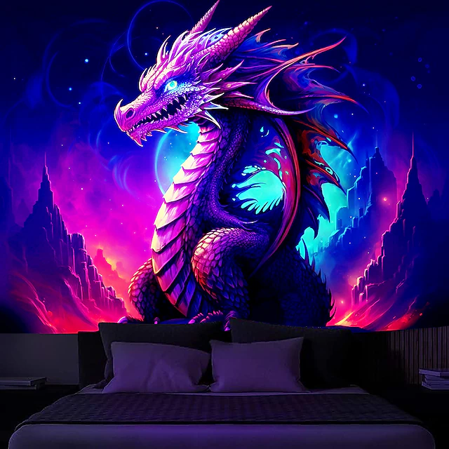 Blacklight Tapestry UV Reactive Glow in the Dark Glow Party Neon Trippy Misty Dragon Animal Hanging Tapestry Wall Art Mural for Living Room Bedroom 23