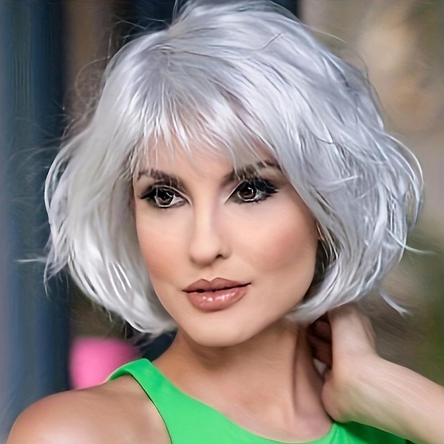  Short Silver Gray Straight Bob Wigs For Women Silver Gray Pixie Layered Hair Wig Shaggy Natural Wavy Synthetic Hair Wig For Daily Party