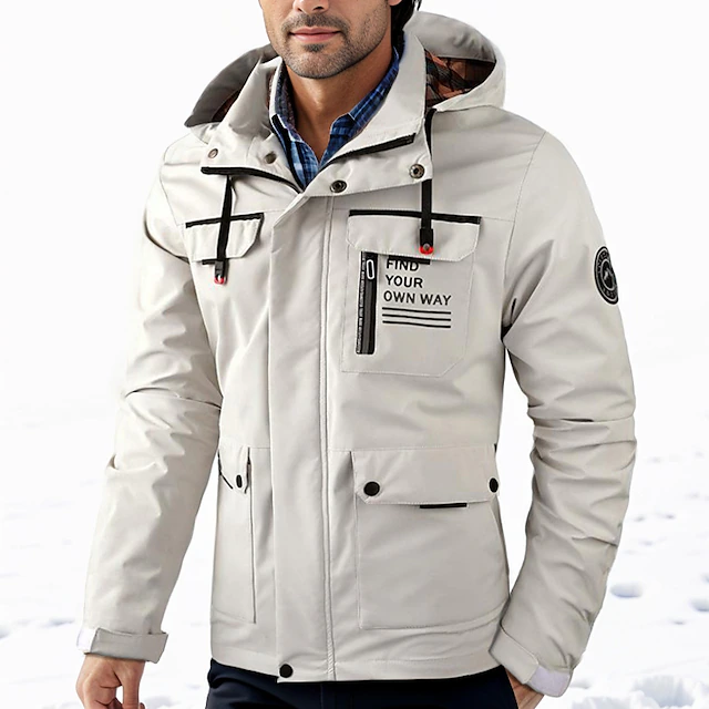 Men's Winter Jacket Casual Jacket Outdoor Daily Wear Windproof Warm Pocket Fall Winter Letter Fashion Streetwear Hooded Regular Black White Wine Army Green Jacket 16