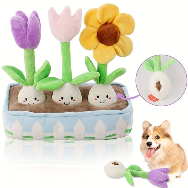  Juguete interactivo de comida para mascotas: el juguete de peluche con chirriador de rompecabezas de flores para perros alivia el aburrimiento y promueve la estimulación mental