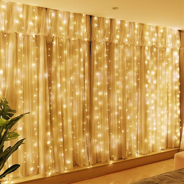  300LED Fairy Curtain Lights 9.8x9.8Ft Warm White USB Plug in 8 Modes Christmas String Hanging Lights with Remote for Bedroom Indoor Outdoor Weddings Party  Window Wall Indoor Outdoor Decoration