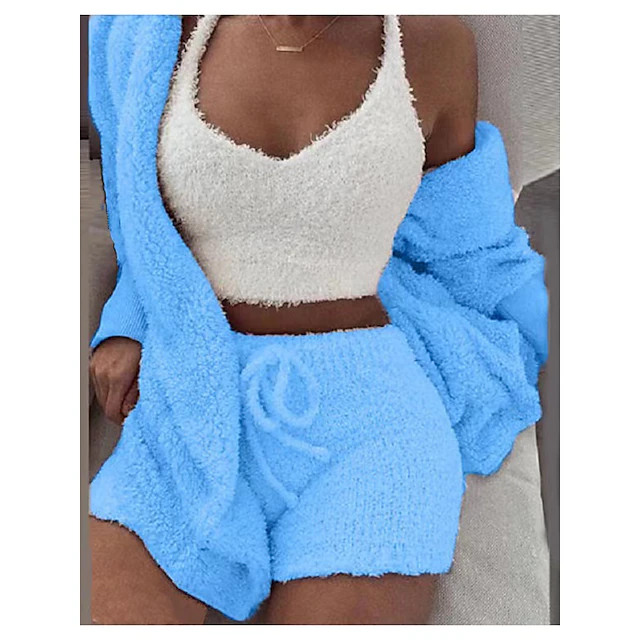 Women's Hooded Pajama Sets 3 Pieces Fluffy Fleece Long Sleeves Coat ...