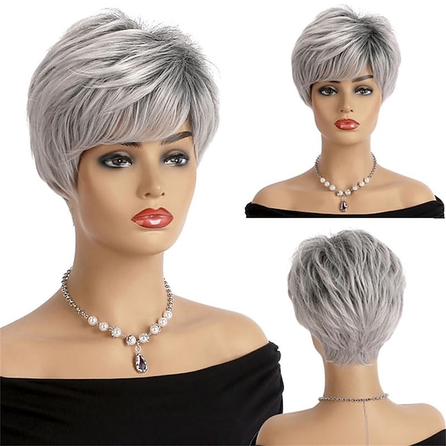  Peluca gris corta para mujer, peluca de corte pixie en capas sintéticas de color gris plateado con flequillo, peluca de pelo de disfraz de aspecto natural, pelucas en capas cortas y esponjosas de