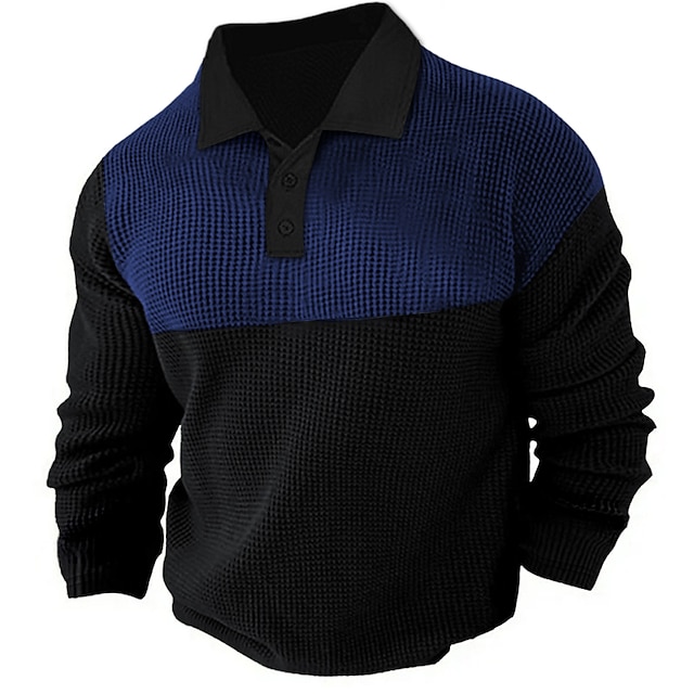  Herren Waffel-Poloshirt Golfhemd Casual Festtage Klassisch Langarm Modisch Basic Farbblock Schnell Trocknend Sommer Frühling Regular Fit Armeegrün Dunkelmarine Grau Waffel-Poloshirt