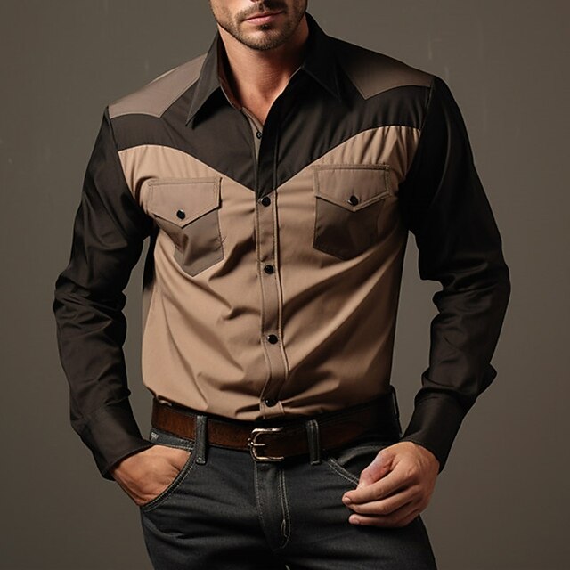 Men's Color Block Shirt Western Shirt Cowboy Shirt Long Sleeve Vintage Western Style Outdoor Street Casual Daily Fall & Winter Turndown Buttons Print Brown2