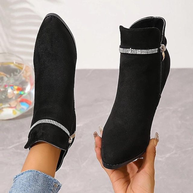  Women's Boots Suede Shoes Heel Boots Outdoor Daily Solid Color Booties Ankle Boots Winter Sparkling Glitter Stiletto Heel Pointed Toe Elegant Plush Casual Faux Suede Loafer Black