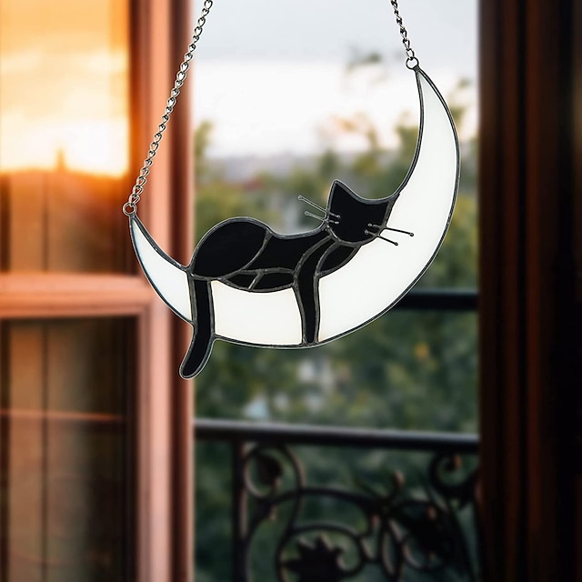  1 attrape-soleil en forme de chat sur la lune en acrylique fabriqué à la main pour tentures de fenêtre en acrylique, décoration de chat mignon, cadeau de pendaison de crémaillère, décoration de scène,