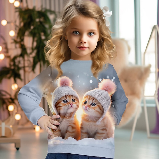  Chica 3D Gato Sudadera Pullover Manga Larga Impresión 3D Otoño Invierno Moda Ropa de calle Adorable Poliéster Niños 3-12 años Cuello Barco Exterior Casual Diario Ajuste regular