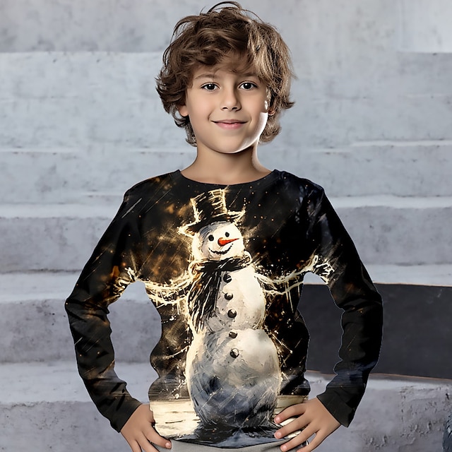  футболка с 3d снеговиком для мальчиков с длинным рукавом и 3d принтом, осенне-зимние виды спорта, модная уличная одежда, полиэстер, дети от 3 до 12 лет, с круглым вырезом, на открытом воздухе,