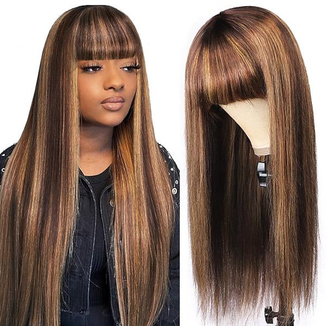 Piano Color P4 27 Machine Made Wig Human Hair Straight Wig Pre Drawn