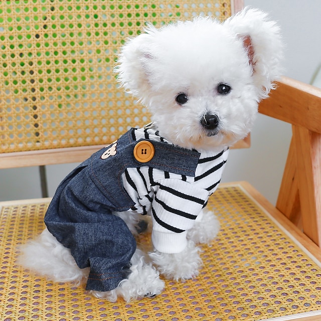  Pet Circle Pet Clothing Dog Cat Clothing Four Legged Bear Head Jeans Black Black Black And White Stripes