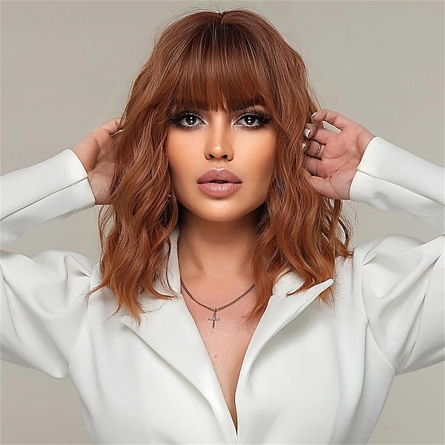  Red Brown Medium Wavy Synthetic Bob Wig with Bangs - Natural Daily Heat Resistant Cosplay Hair Wig for Women