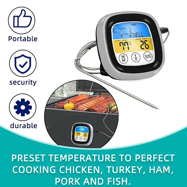  Digitales Fleischthermometer, Grill-Küchen-Kochthermometer mit wasserdichter Sonde, Timer, Hintergrundbeleuchtung, Ofenthermometer, Küchenhelfer