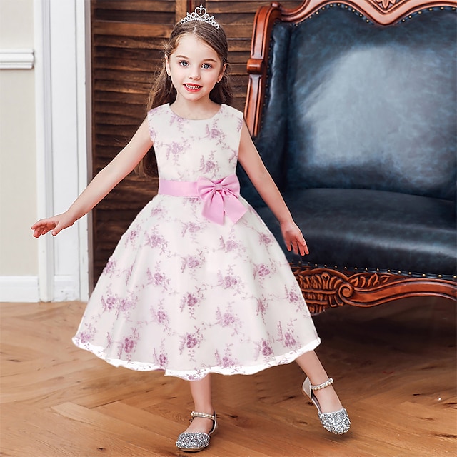  Kids Girls' Dress Floral Sleeveless Party Embroidered Lace Trims Bow Cute Cotton Knee-length Skater Dress Summer 3-10 Years Pink Dusty Rose Red