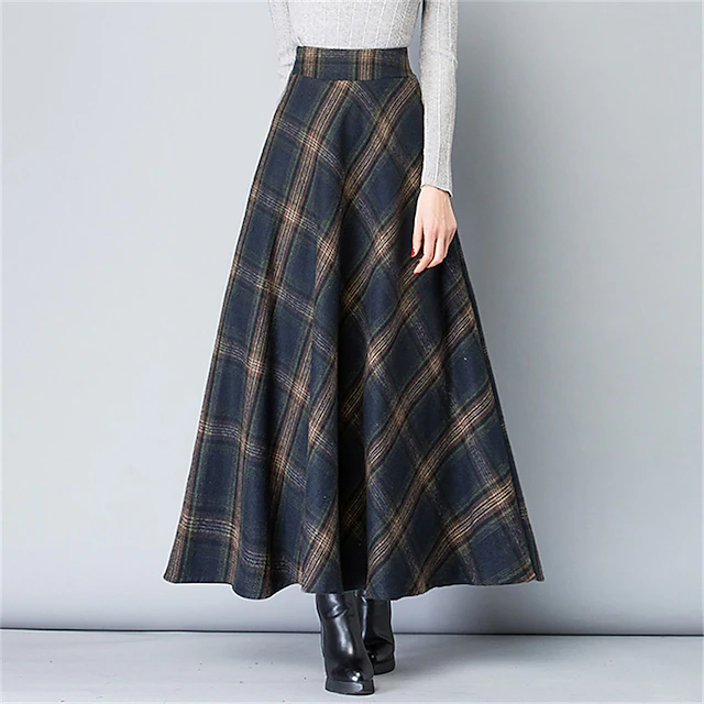 Women's A Line Plaid Skirt Maxi High Waist Skirts Pocket Long Color Block Plaid Checkered Daily Date Spring & Fall Twilled Satin Elegant Retro Vintage Blue Grey 10