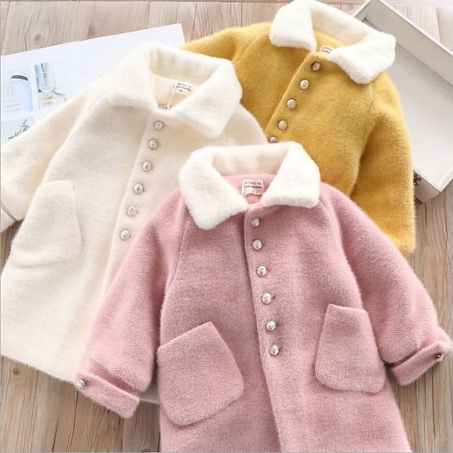  Kids Girls' Woolen Coat Long Sleeve White Yellow Pink Solid Color Button Spring Fall Active School 7-13 Years