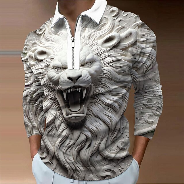 Men's Zip Polo Shirts Golf Shirt Long Sleeve Polo Shirts Collared Shirts Casual Funny Vacation Wear Party Outfits 3D Print Quarter Zip Polo Fall & Winter Orange Gray3