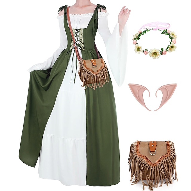  Costume de fée de la Renaissance médiévale, chemise sur robe, sac à franges, oreilles d'elfe, couronne de fleurs, ensemble médiéval rétro vintage, tenues pour femmes, costume de GN