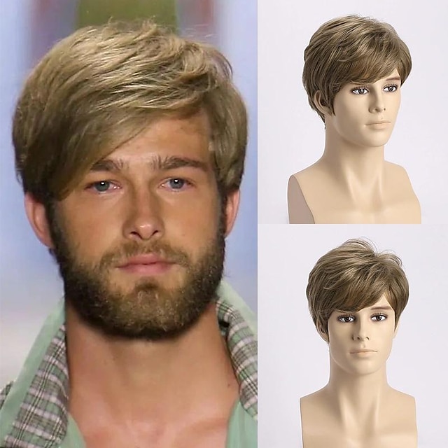  Trendy Handsome Slant Bangs Daily Short Curly Hair Men's Heat Resistant Synthetic Fiber Wig