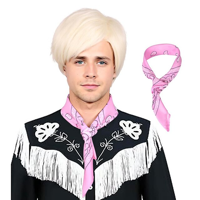  Männliche kurze blonde Perücke mit rosa Kopftuch, Herren-Cowboy-Kostüm, Cosplay-Perücke für Halloween, Weihnachten, Karneval, Party