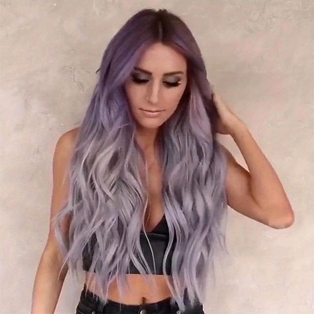  длинный прямой синтетический парик - зеленые волнистые фиолетовые вьющиеся волосы, парик с винно-красными и розово-фиолетовыми вьющимися волосами - стильная и универсальная прическа для женщин