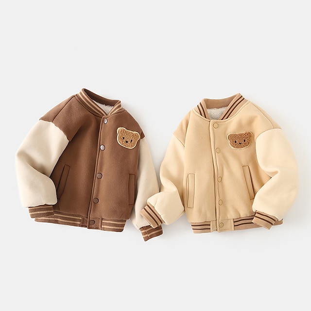  Toddler Boys Fleece Jacket Outerwear Cartoon Stripe Long Sleeve Pocket Coat Outdoor Daily Light Brown Coffee Winter 3-7 Years