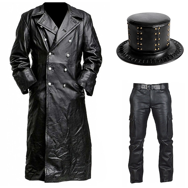  Set mit PU-Leder-Trenchcoat, gerades Bein, Motorradhose, Zylinder, Hut, Punk, Gothic, mittelalterlich, Steampunk, Pestdoktor, Herren, Reiter, Biker, lässig, täglich, Cosplay, Kostüm, Karneval,