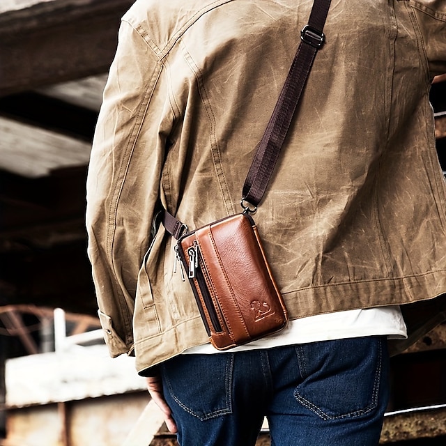 Sleek Brown Leather Vertical Sling Bag - Compact Men's Crossbody Bag ...