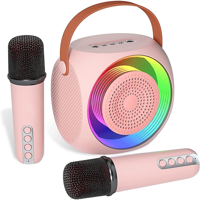  מכונת קריוקי מיני לילדים רמקול Bluetooth קריוקי נייד עם 2 מיקרופונים חסרי רצון ונורות לד למסיבת ביתית מתנות יום הולדת לבנים/בנות