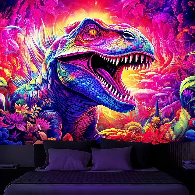  Tapiz de luz negra de dinosaurios, reactivo UV que brilla en la oscuridad, trippy, brumoso, floral, naturaleza, paisaje, tapiz colgante, mural artístico de pared para sala de estar y dormitorio