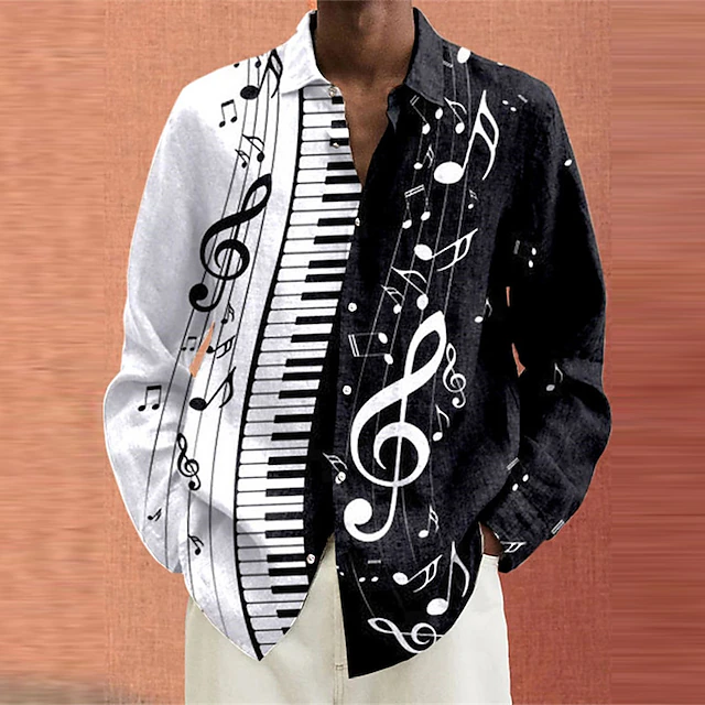 Men's Boardmasters Pano Keys Shirt Button Up Shirt Long Sleeve Casual Daily Wear Going out Weekend Fall & Winter Turndown Print Button-Down Black White Burgundy4