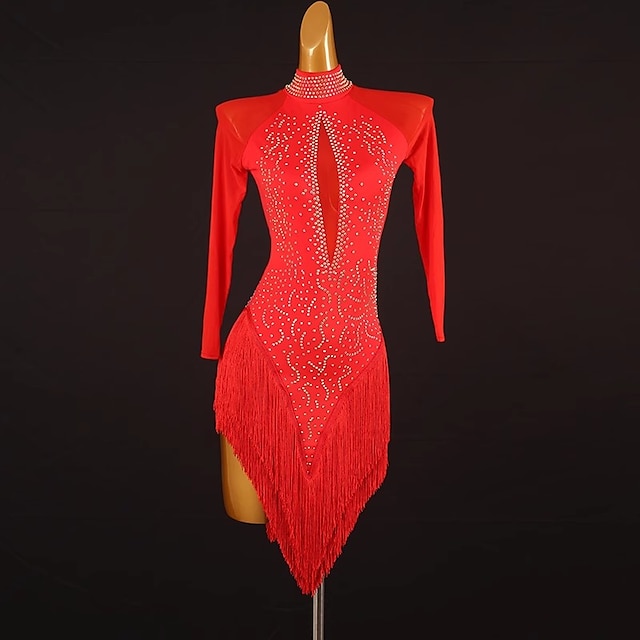  Dance Salsa Latin Dance Dress Tassel Pure Color Splicing Women‘s Performance Training Long Sleeve Chinlon Mesh Spandex