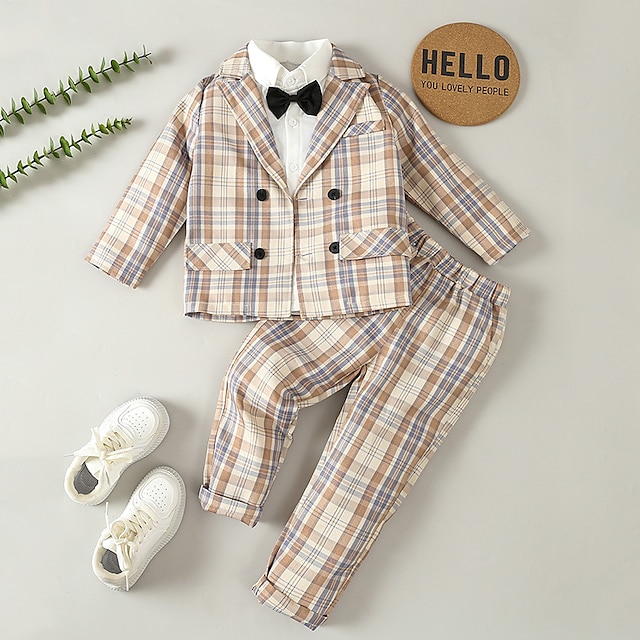  3 Pieces Toddler Boys Suit & Blazer Outfit Plaid Long Sleeve Cotton Set School Fashion Daily Spring Fall 3-7 Years Beige