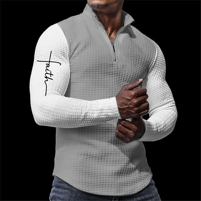Men's Faith Waffle Polo Shirts Zip Polo Golf Polos Shirts Long Sleeve Polo Shirts Zip Casual Outdoor Casual Daily Streetwear 3D Print Fall & Winter Black White Dark Gray 5
