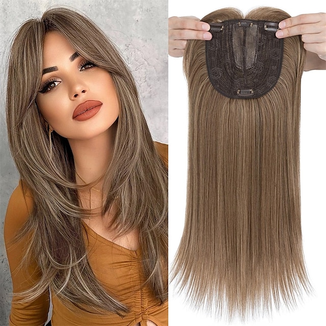  toppers pentru păr pentru femei cu păr subțire 18 inch toppers piese de păr pentru femei wiglets cu breton 6x6 dantelă clemă de bază în posturi sintetice brun mixt blond