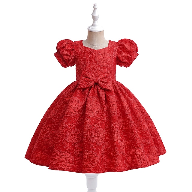  Kids Girls' Party Dress Solid Color Flower Short Sleeve Wedding Anniversary Birthday Princess Sweet Polyester Cotton Blend Above Knee Party Dress Flower Girl's Dress Summer Spring Fall 3-8 Years Red